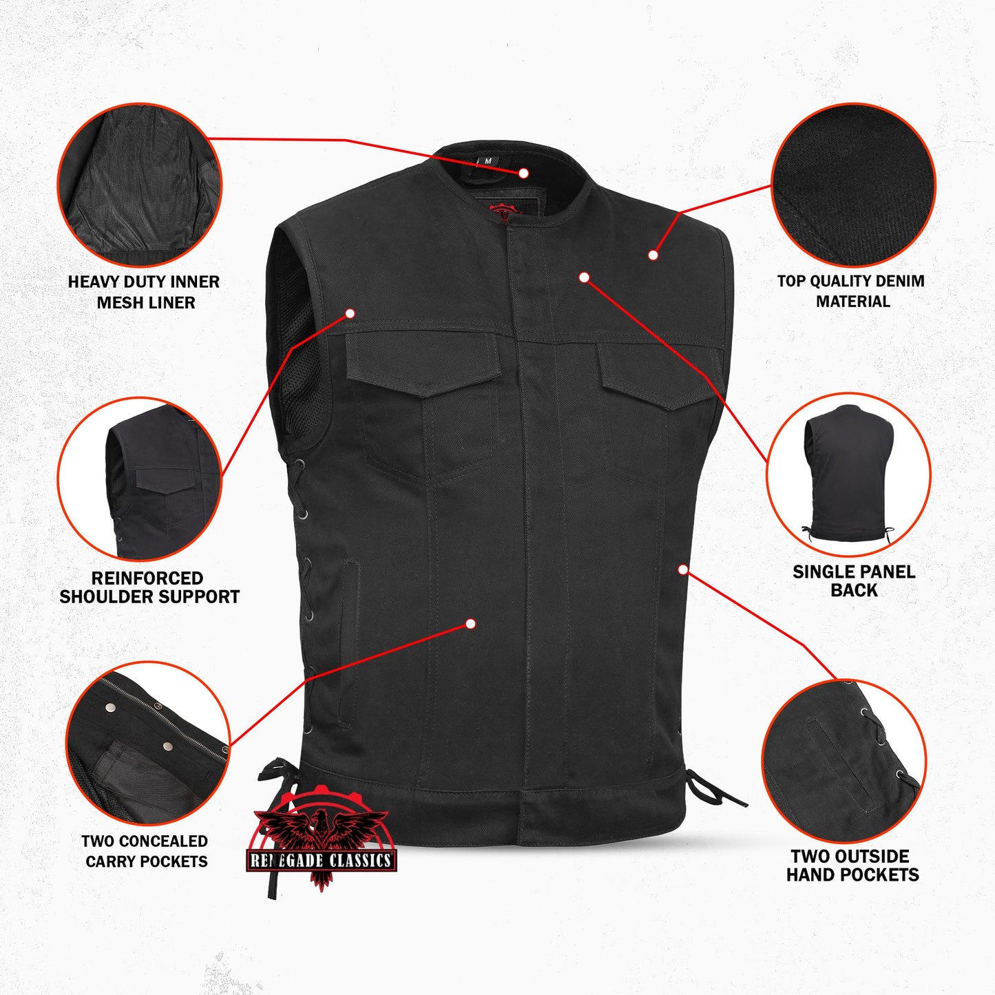 Men's Upgraded All-Black Denim Motorcycle Vest – Smart Access Pockets