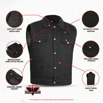 Men's Snap/Zipper Front Black  Denim Motorcycle Vest