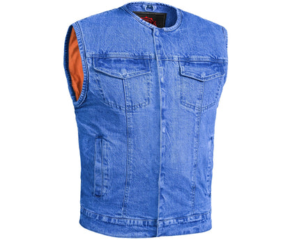 Mens Blue Denim Motorcycle Vest with Concealed Snaps & Zipper
