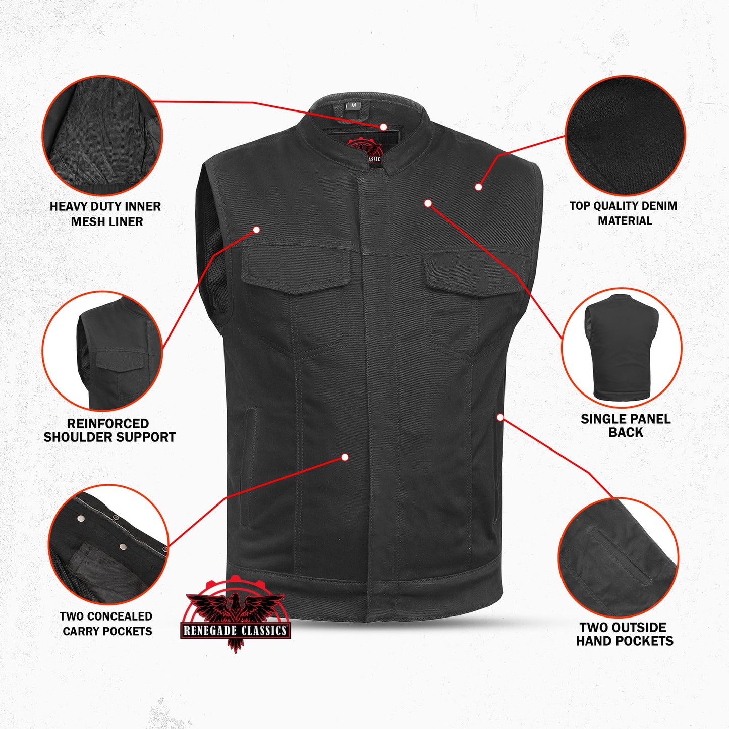 Weston Black Men's Denim Motorcycle Vest – Single Panel Back