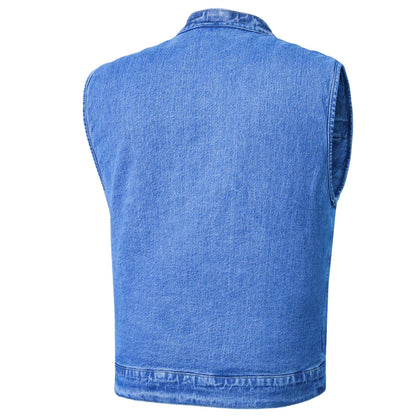 Men's Blue Denim Motorcycle Vest with Lace & Pockets