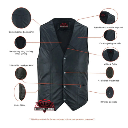 Men's Traditional Light Weight Black Leather Motorcycle Vest