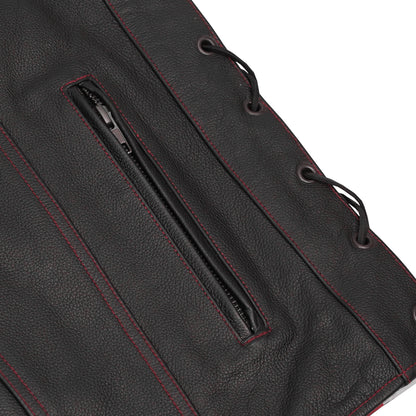 Men's Honor Ride Black Leather Motorcycle with Vest Red Stitching