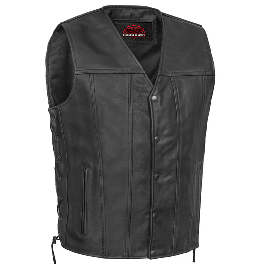 Men's Tall Classic Tapered Bottom Biker Leather Vest- Black