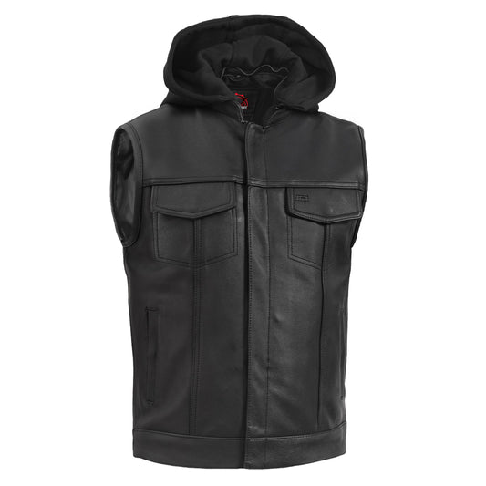 Men's Black Leather Motorcycle Vest with Removable Hood