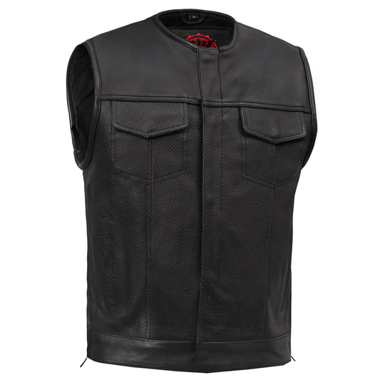 Men's Collarless Perforated Leather Vest - Black