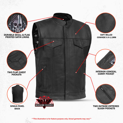 Private Men's Black Leather Motorcycle Vest
