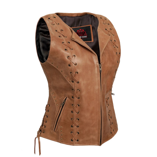 Women's Brown Zippered Vest with Lacing Details