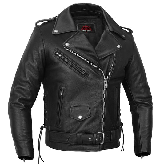 Men's Classic Side Lace Black Leather Motorcycle Jacket