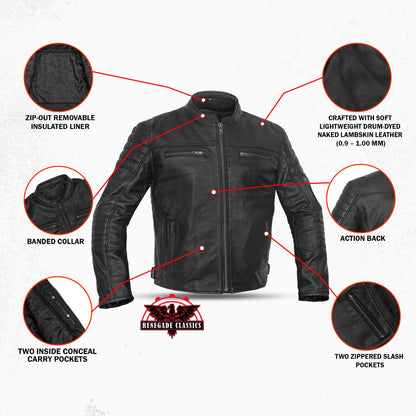 Men's Lightweight Drum Dyed Naked Lambskin Crossover Scooter - Black