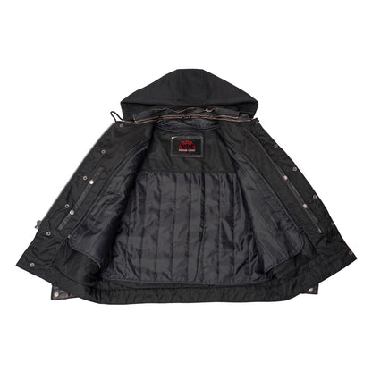 Men's Black Lightweight Drum Dyed  Distressed Lambskin Jacket with Removable Hoodie