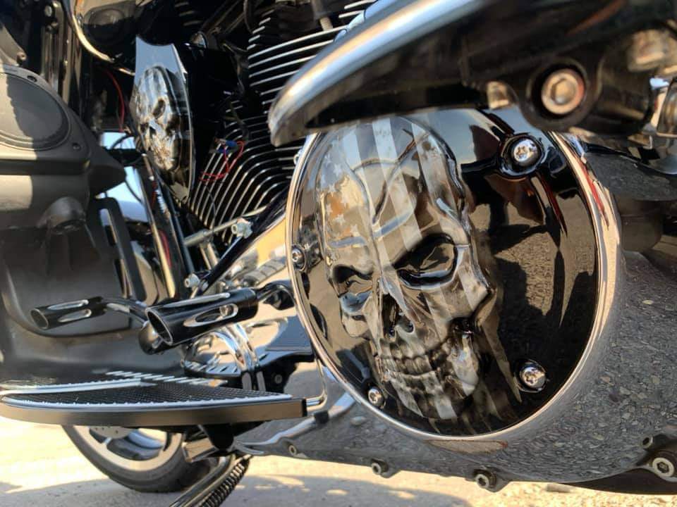 Harley American flag skull with ghosted Black and White and Vivid black background