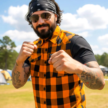 Hot Leathers FLM5003 Men’s Black and Orange Sleeveless Cotton Flannel Shirt