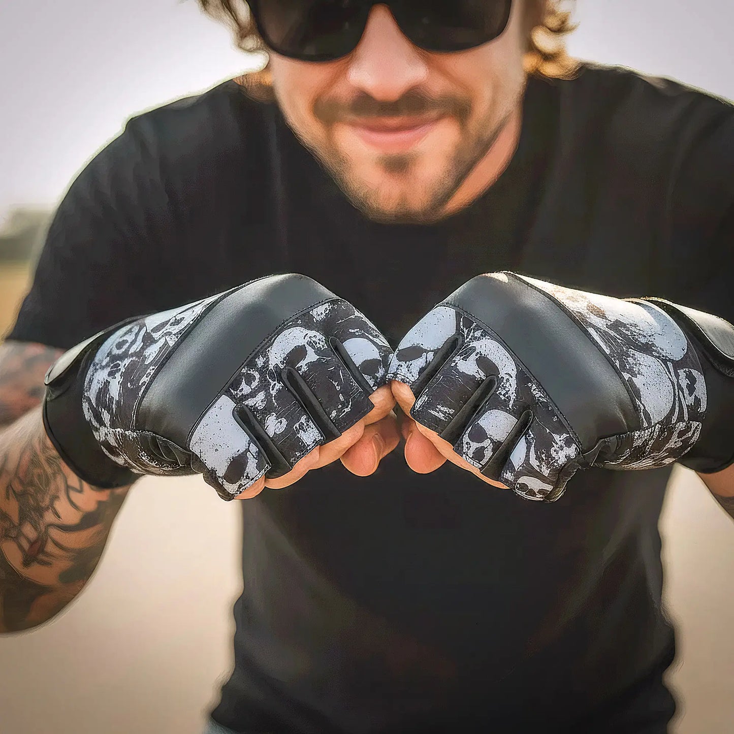 Hot Leathers GVM3009 Uni-Sex Black 'Ancient Skulls' Fingerless Leather Gloves