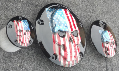 Harley Points, Derby cover and fuel door set with Skull with American flag gloss black background