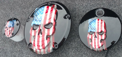 Harley Points, Derby cover and fuel door set with Skull with American flag gloss black background
