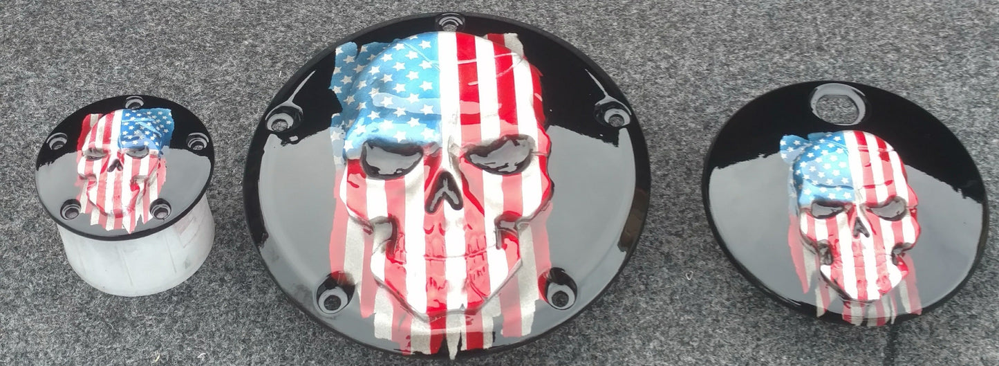 Harley Points, Derby cover and fuel door set with Skull with American flag gloss black background