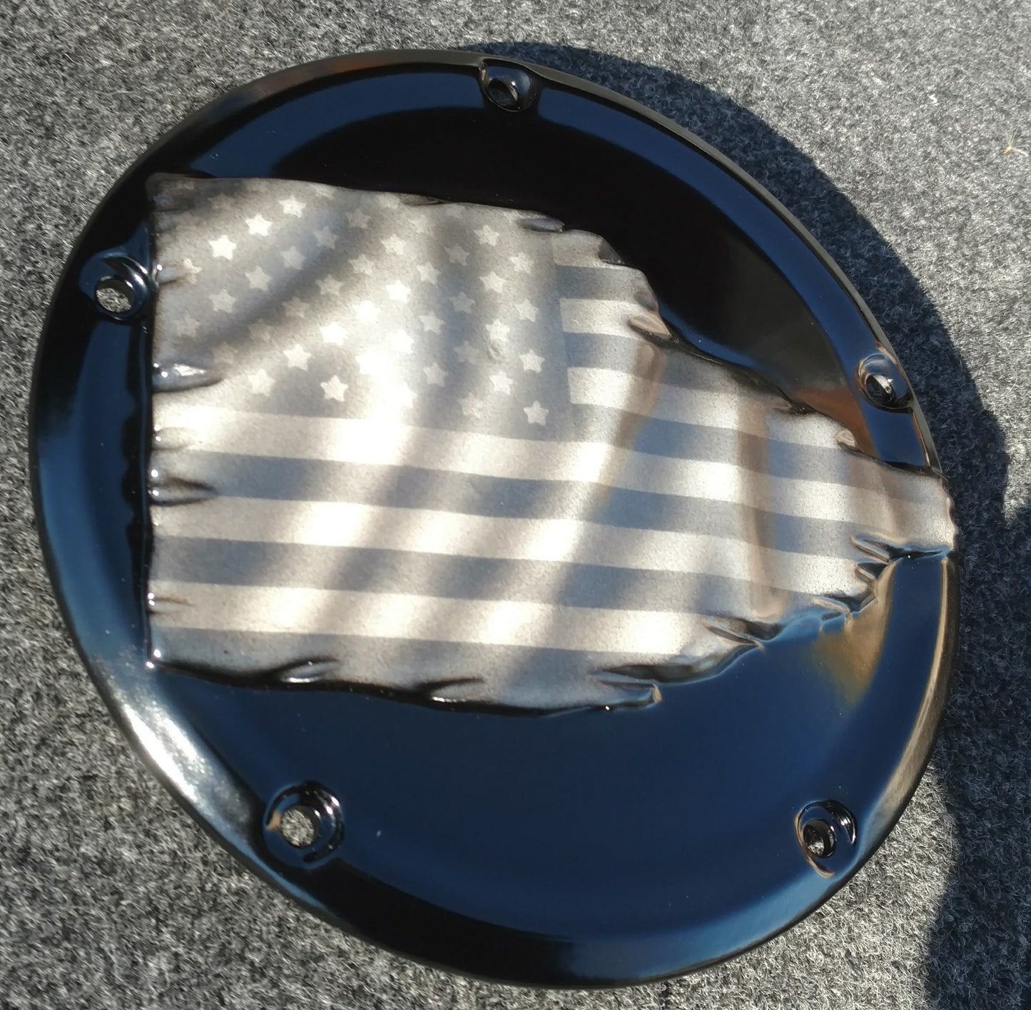 Tattered American Flag  Harley derby cover denim finish