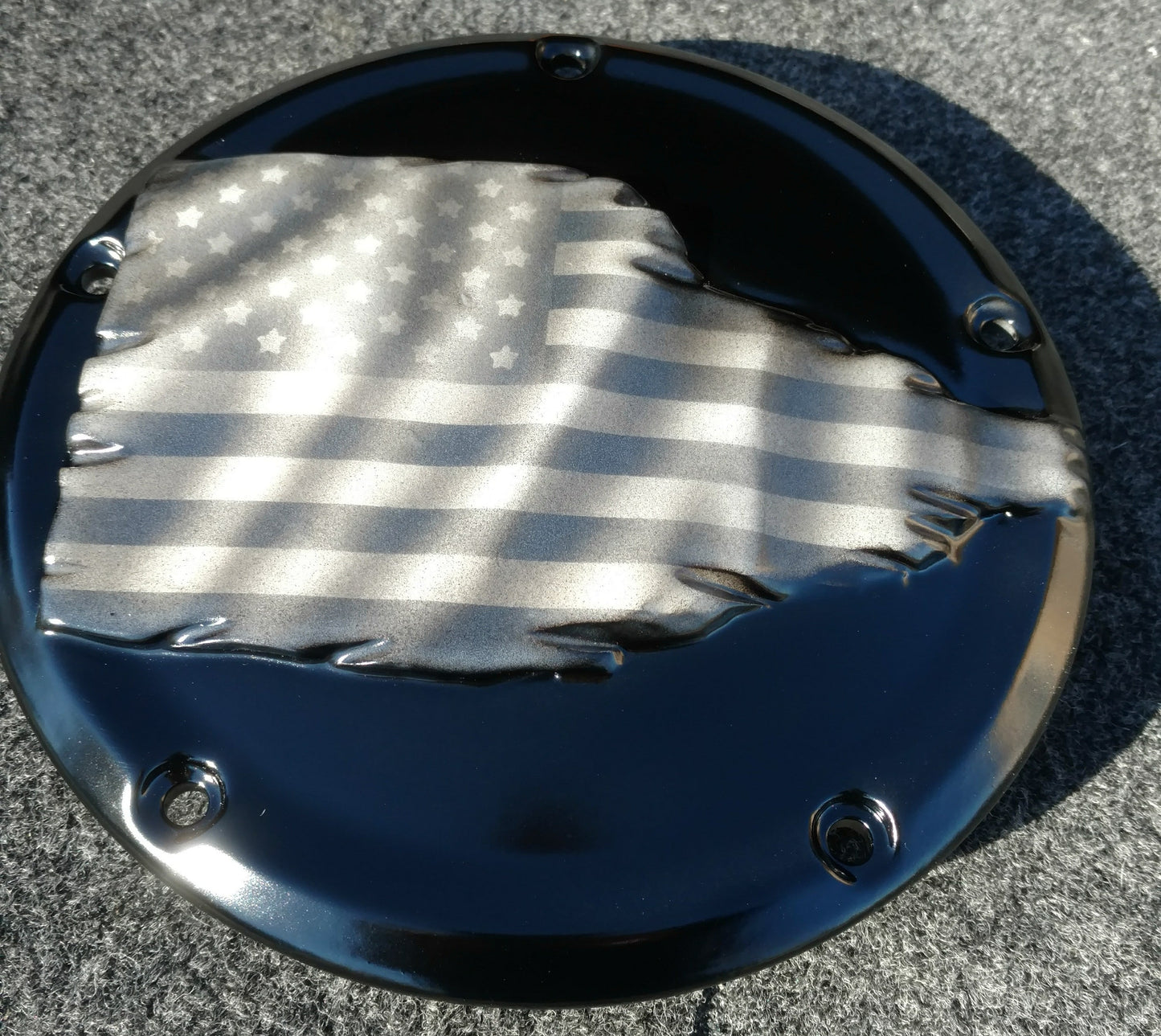 Tattered American Flag  Harley derby cover denim finish