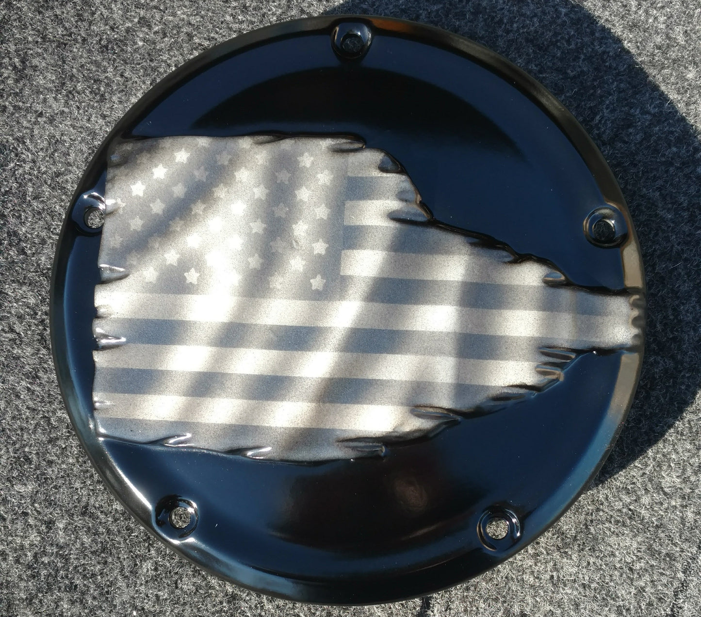 Tattered American Flag  Harley derby cover denim finish