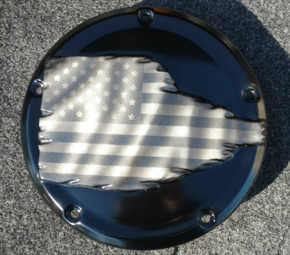Tattered American Flag  Harley derby cover denim finish