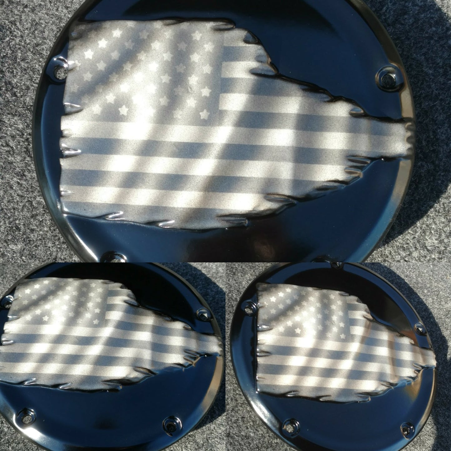 Tattered American Flag  Harley derby cover denim finish