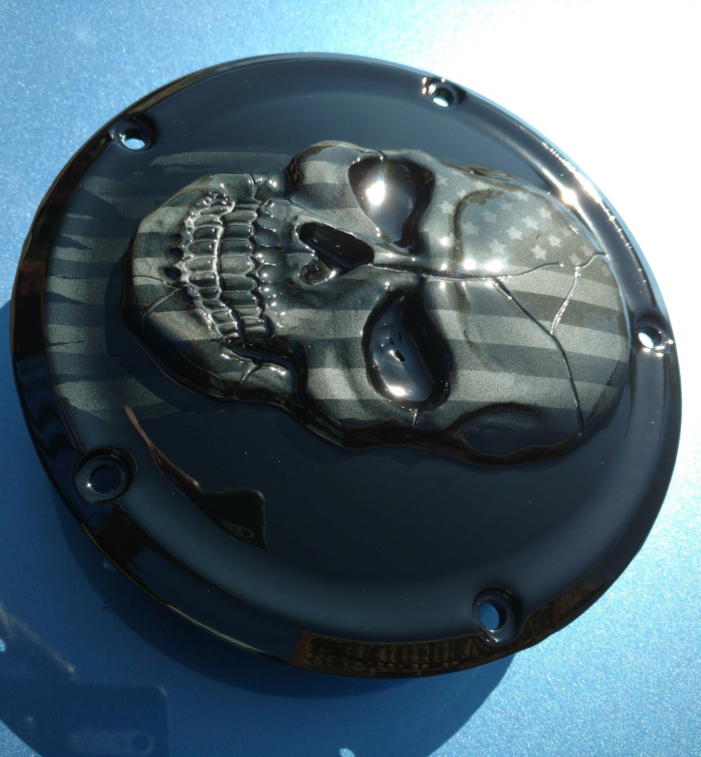 Harley American flag skull with ghosted Black and White and Vivid black background