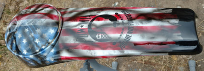 Harley Davidson POW-MIA tribute on a worn and tattered American flag console