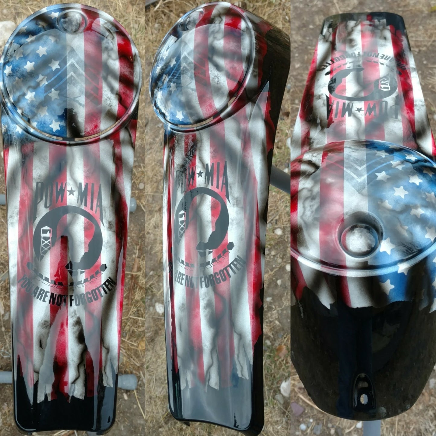 Harley Davidson POW-MIA tribute on a worn and tattered American flag console