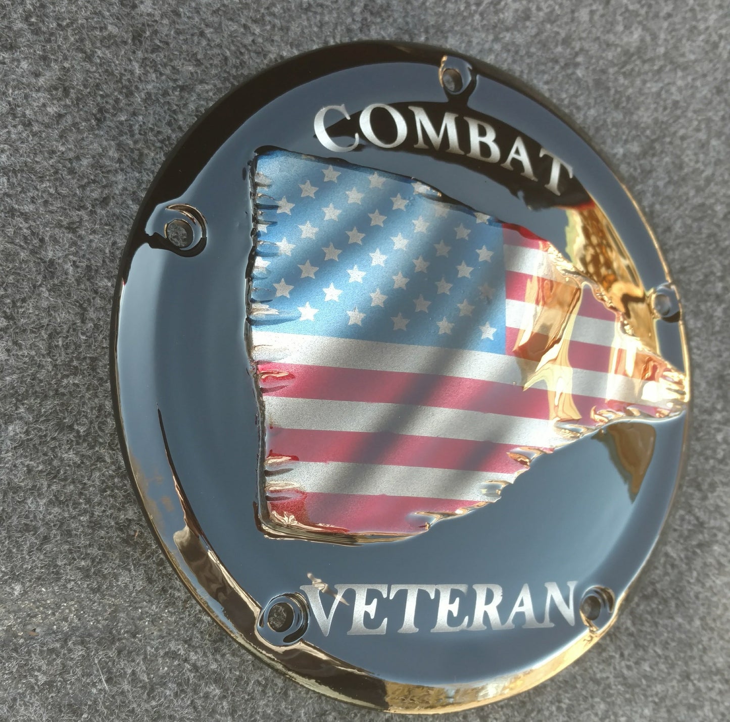 Combat Veteran Tattered flag Harley derby cover black background