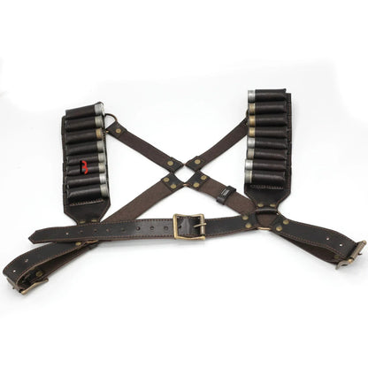 Cowhide Leather Shotshell Bandolier Belt & Shoulder Harness Hunting Ammo Pouch
