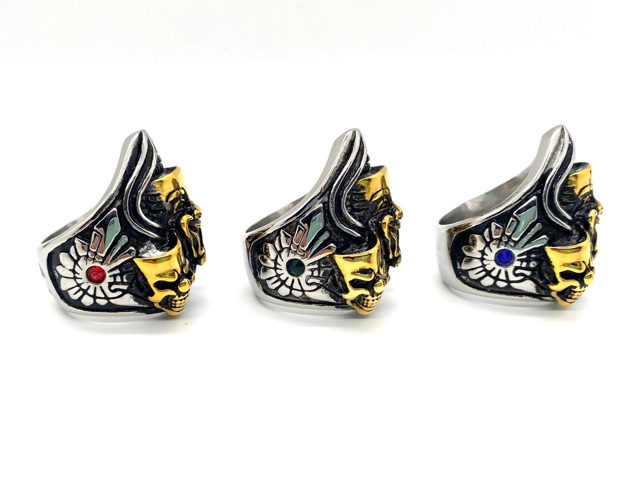 SK1846 Comedy Tragedy Ring - Heavy 316L Stainless with Gold Tone Inlay and Side Stone