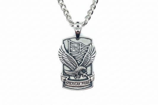 SK6200 American Pride Flag Eagle Pendant with 24" cuban link chain. High quality 316L Stainless Steel