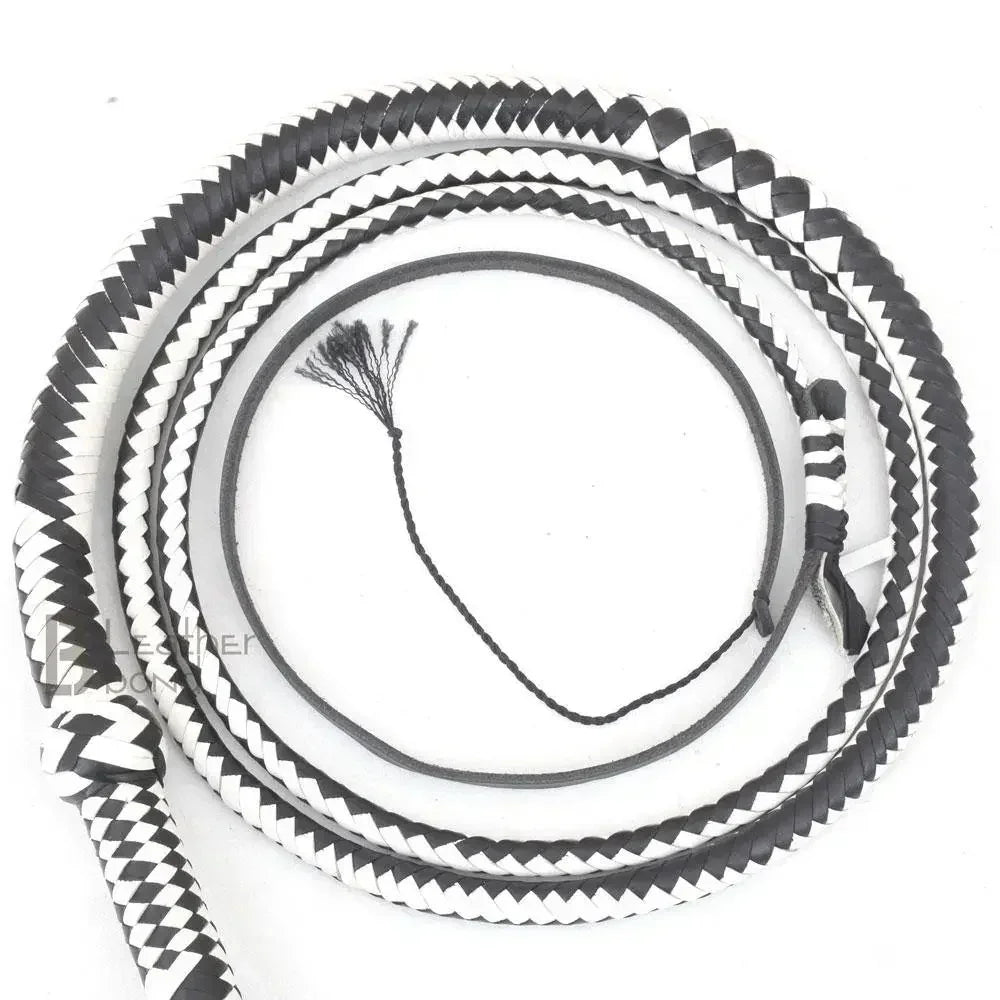Genuine & Real Cowhide Leather Bullwhip 12 Plait 08 Feet long Bull Whip Black & White