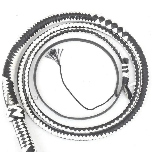 Genuine & Real Cowhide Leather Bullwhip 12 Plait 08 Feet long Bull Whip Black & White