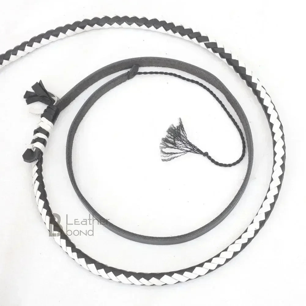 Genuine & Real Cowhide Leather Bullwhip 12 Plait 08 Feet long Bull Whip Black & White