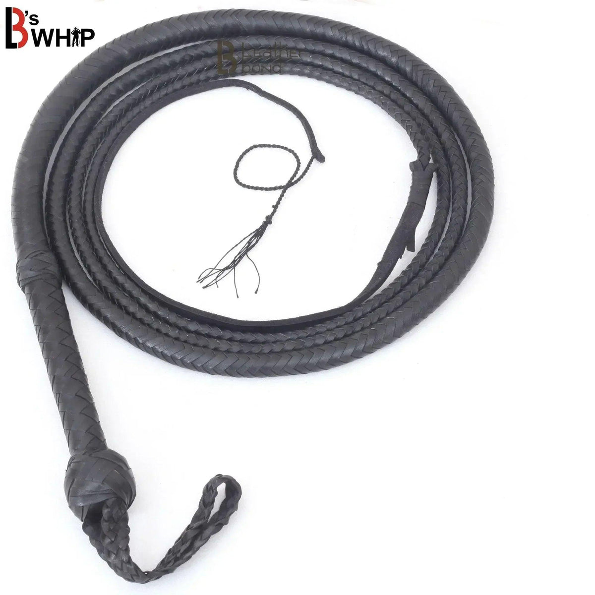 Kangaroo Hide Bullwhip — 16-Strand, Black, Leather Belly & Bolster, 6–16 ft