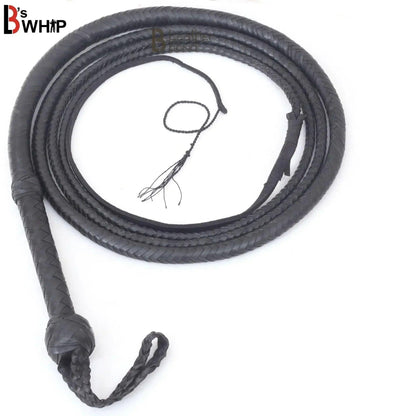 Kangaroo Hide Bullwhip — 16-Strand, Black, Leather Belly & Bolster, 6–16 ft