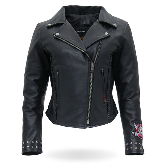 Hot Leathers JKL2001 Ladies Black Braided Motorcycle Leather Biker Jacket with Embroidered Bling Rose Design