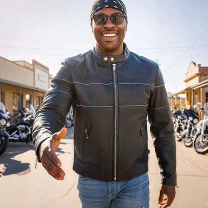 Hot Leathers JKM1004 Men's Leather Motorcycle Vented Scooter Biker Jacket with Reflective Piping