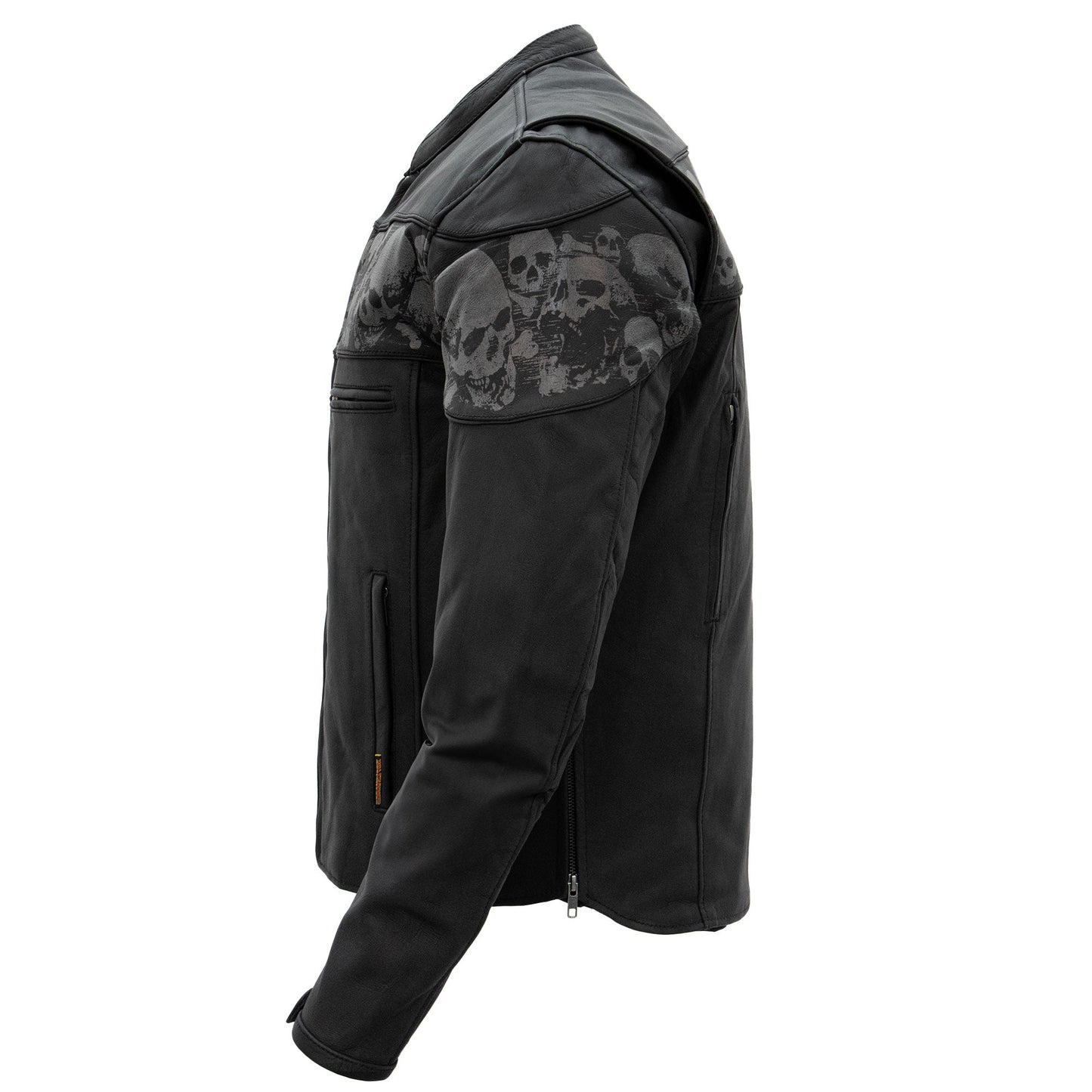Hot Leathers JKM2002 Men’s Black Biker ‘Reflective Skull' Printed Leather Motorcycle Jacket with Concealed Carry Pockets