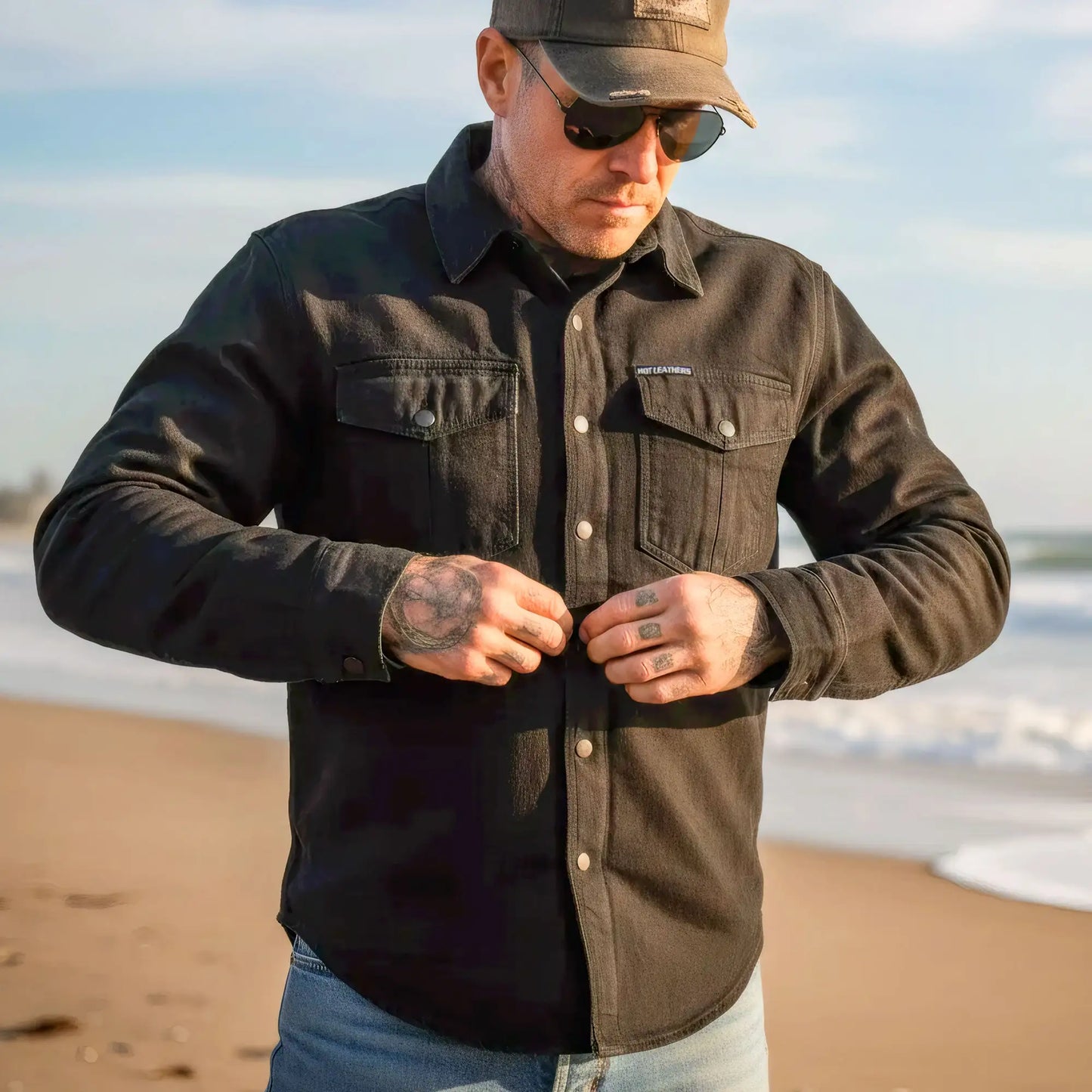 Hot Leathers JKM3009 Men's Classic Motorcycle Black Denim Long Sleeve Biker Shirt with Armor