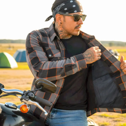 Hot Leathers JKM3010 Men's Black and Grey with Orange Armored Flannel Shirt