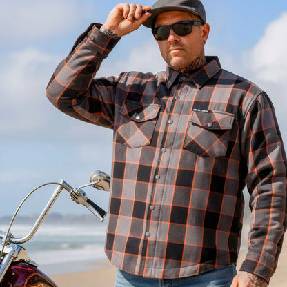 Hot Leathers JKM3010 Men's Black and Grey with Orange Armored Flannel Shirt