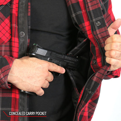 Hot Leathers JKM3201 Men's Motorcycle style Red and Black Reinforced Leather and Plaid Flannel Biker Shirt