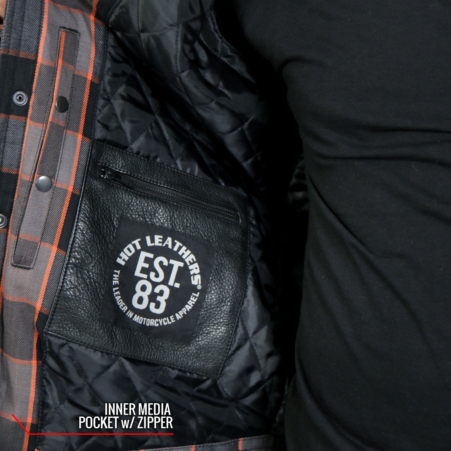 Hot Leathers JKM3202 Men's Motorcycle style Grey Black and Orange Reinforced Leather and Plaid Flannel Biker Shirt