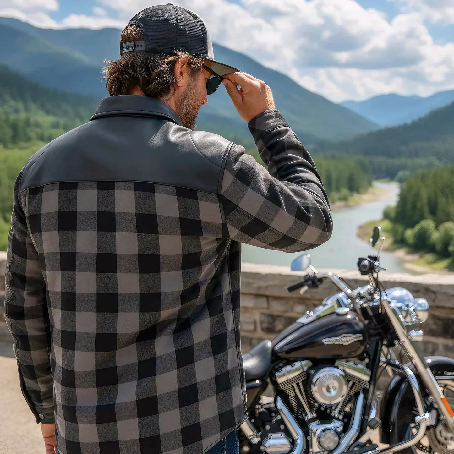 Hot Leathers JKM3203 Men's Motorcycle style Grey and Black Reinforced Leather and Plaid Flannel Biker Shirt