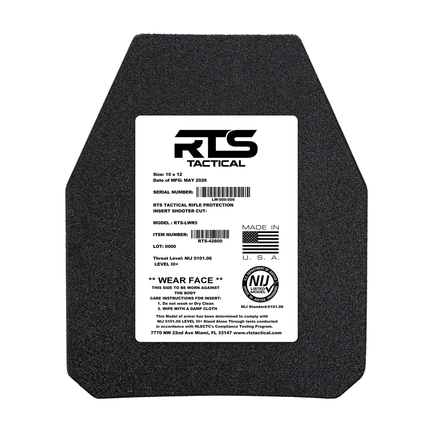 RTS Tactical LWR5 Rifle Special Threats NIJ 0101.06 Level III+ Insert - 10X12