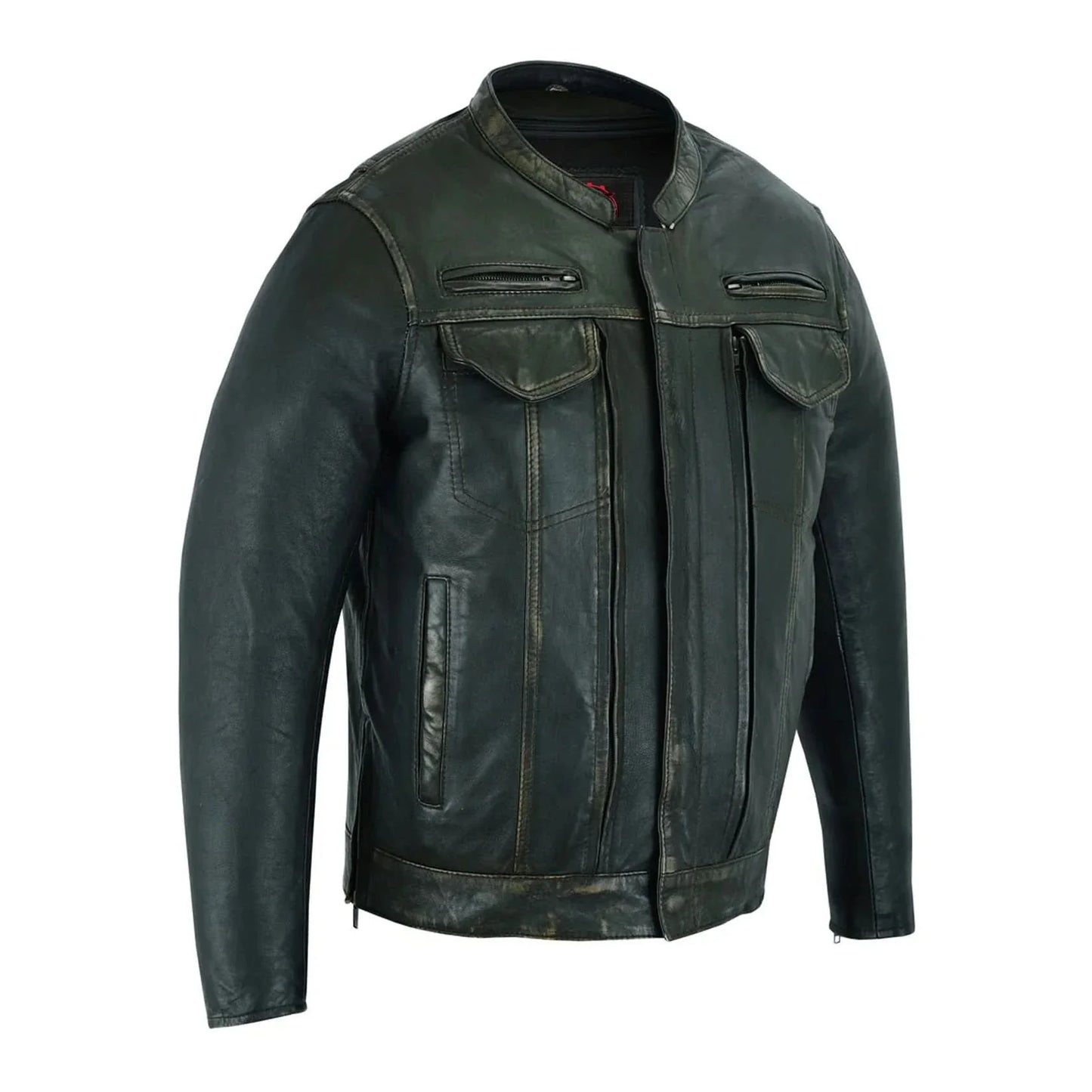 Men's Modern Utility Style Jacket in Lightweight Drum Dyed Distressed Naked Lambskin