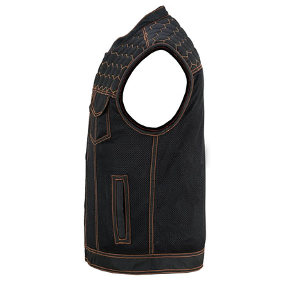 Night Tiger Men's Black Mesh Textile Vest with Orange Diamond Stitch